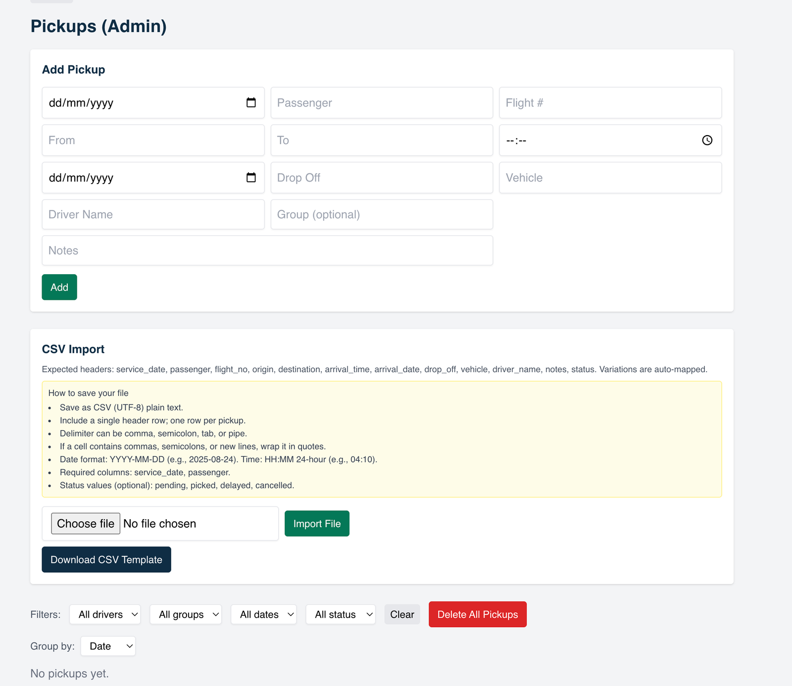 Pickups scheduling screenshot